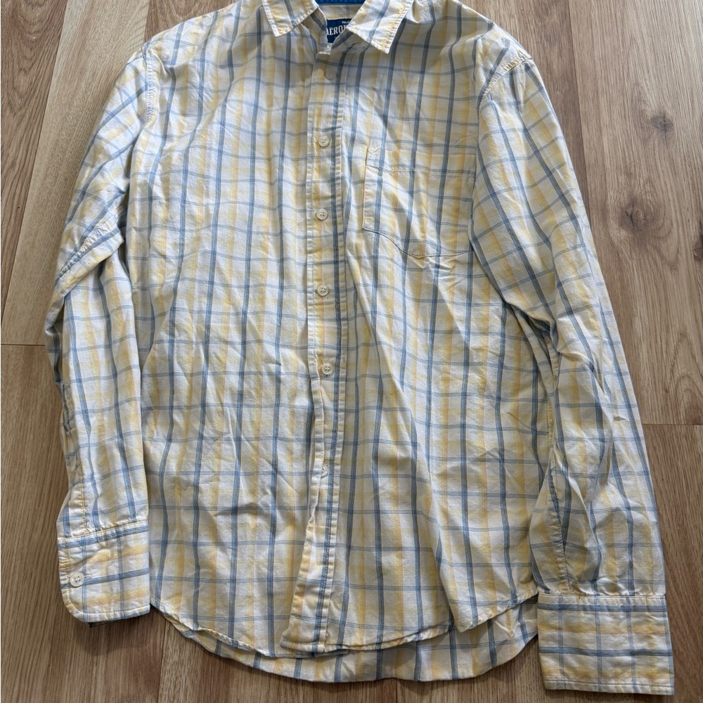 Aeropostale Men's Yellow and Blue Checkered Shirt
